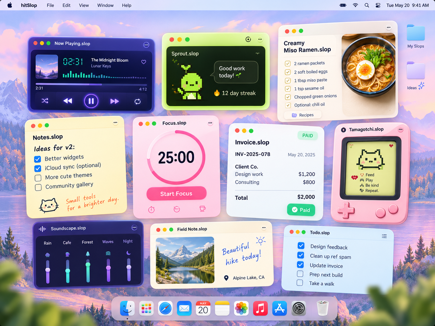 A colorful Mac desktop with a music player, habit tracker, recipe, notes, focus timer, invoice, and tiny pet app
