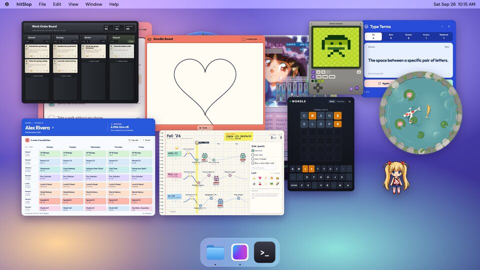 A Mac desktop full of open slops: a music player, a desktop pet, a focus timer, flashcards, a doodle board, a koi pond, Wordle and school planners