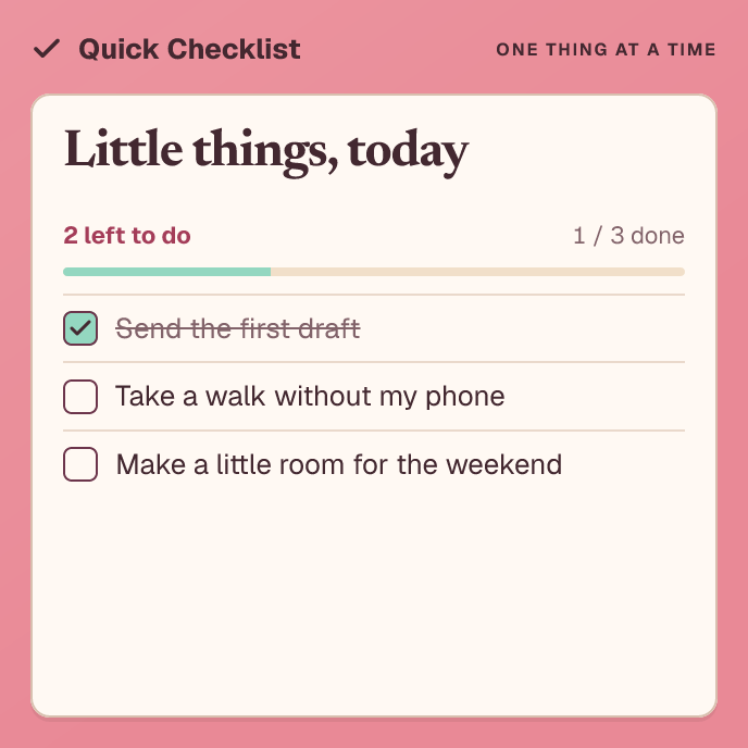 Large Quick Checklist widget showing the full list and a progress bar.