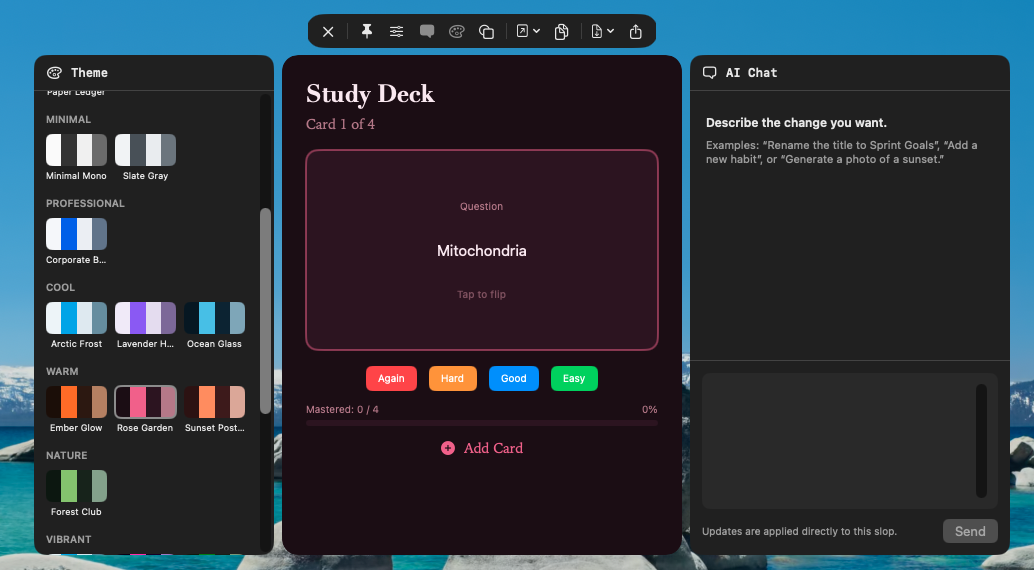 hitSlop app showing theme panel, flashcard, and AI chat
